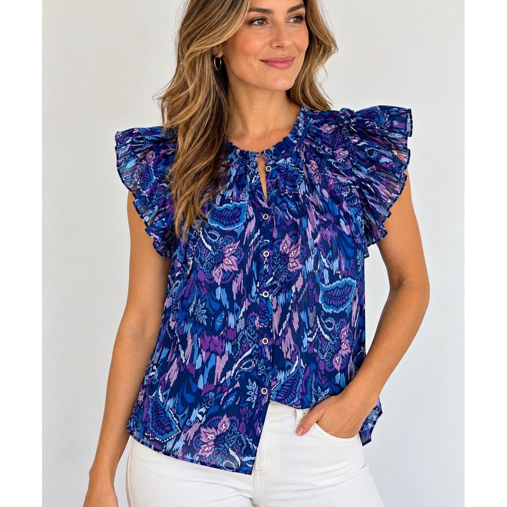 Ramy Brook NWT Women's Blue Purple Floral Chiffon Ruffle Sleeveless Blouse M